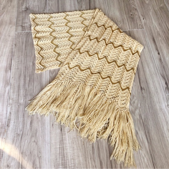 Vintage 70s Cream + Gold Crochet Blanket Scarf + Long Fringe Trim - Picture 2 of 5